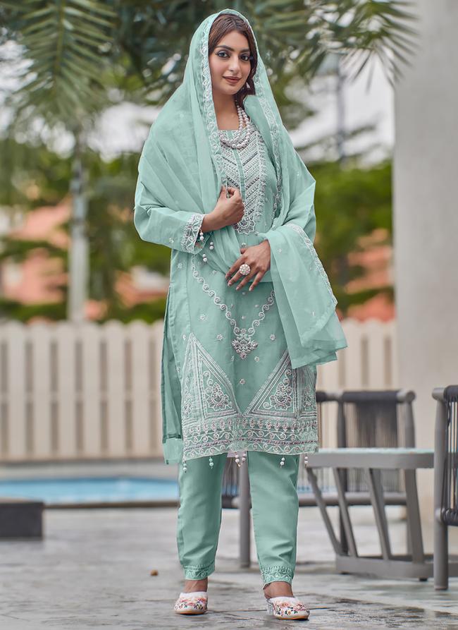 Organza Sky Blue Eid Wear Embroidery Work Pakistani Suit